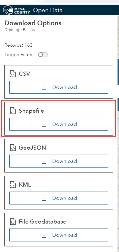 Figure 3.4. Shapefile download option for Drainage Basins