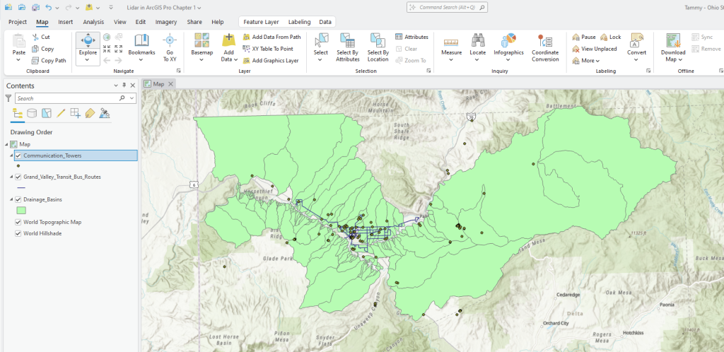 Figure 3.9. Point, Line and Polygon layers displayed in Contents and the Map viewer