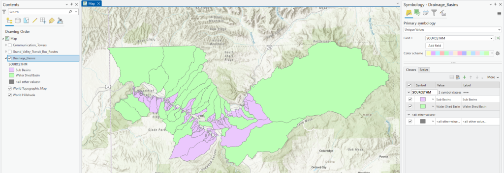 Figure 5.13. Unique Values symbology for the Drainage Basins polygon shapefile