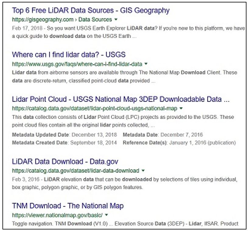Figure 7.1 Example of an Internet search lidar data