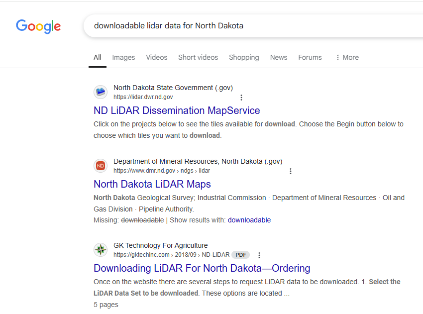 Figure 7.11. Search results for North Dakota Lidar Data