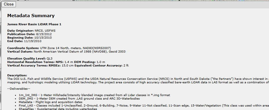 Figure 7.15. Metadata for a ND LiDAR tile