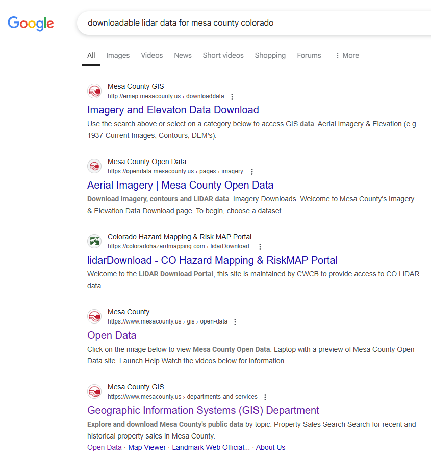 Figure 7.2. Search results for "downloadable lidar data for Mesa County Colorado"