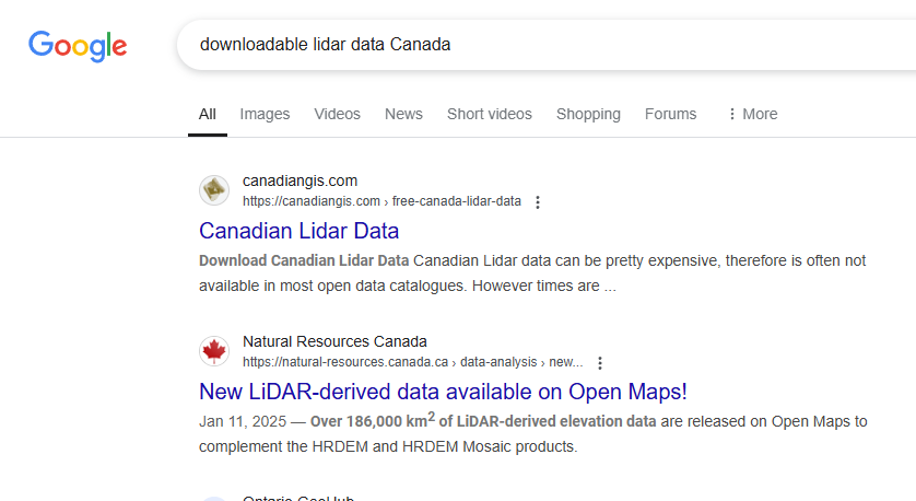 Figure 7.25. Search results for downloadable lidar data Canada
