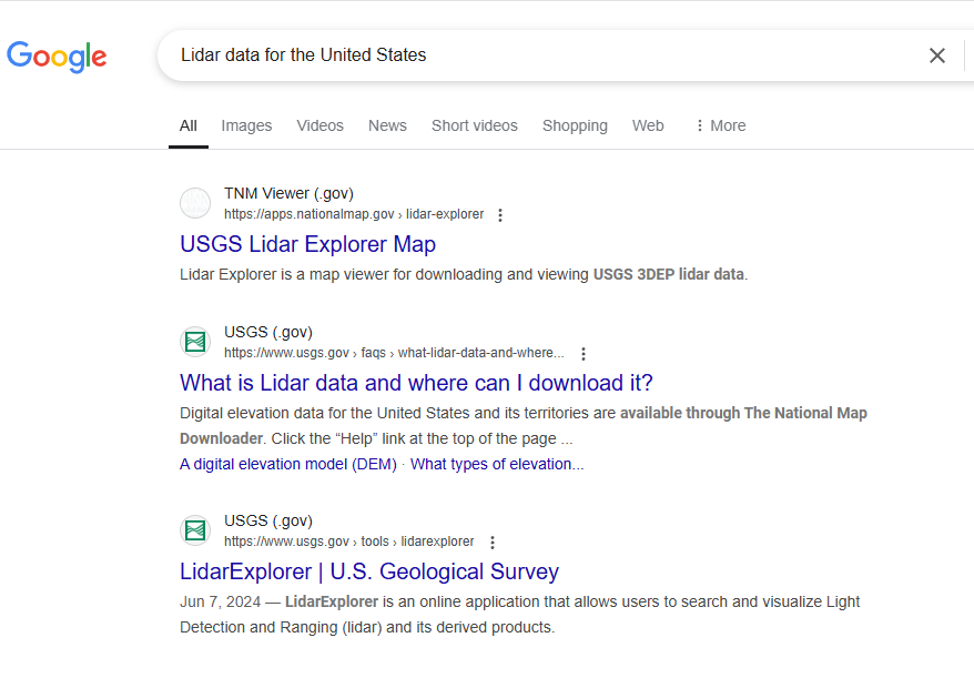 Figure 7.28. Search results for US LiDAR Data
