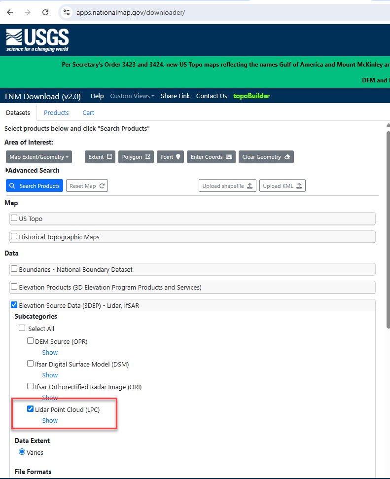 Figure 7.32. Choosing LiDAR Data in The National Map Viewer