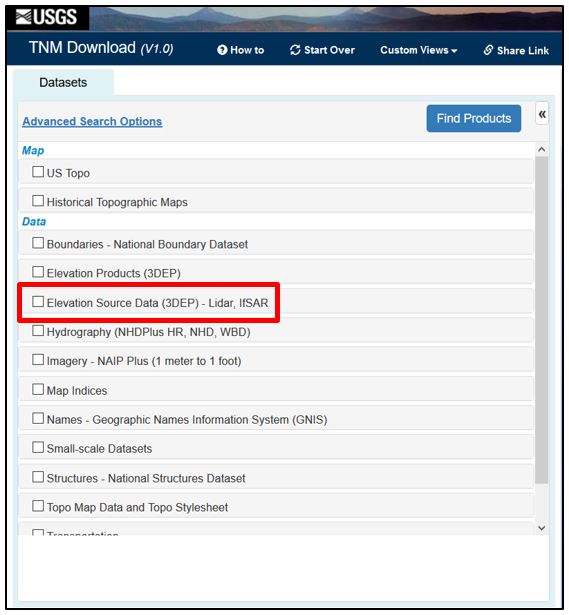 The listing of products that are available through the National Map Viewer