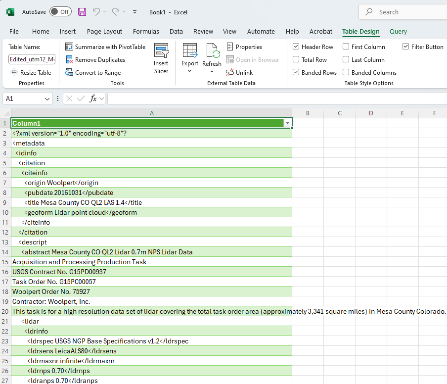 Figure 9.17. Metadata displayed in Microsoft Excel