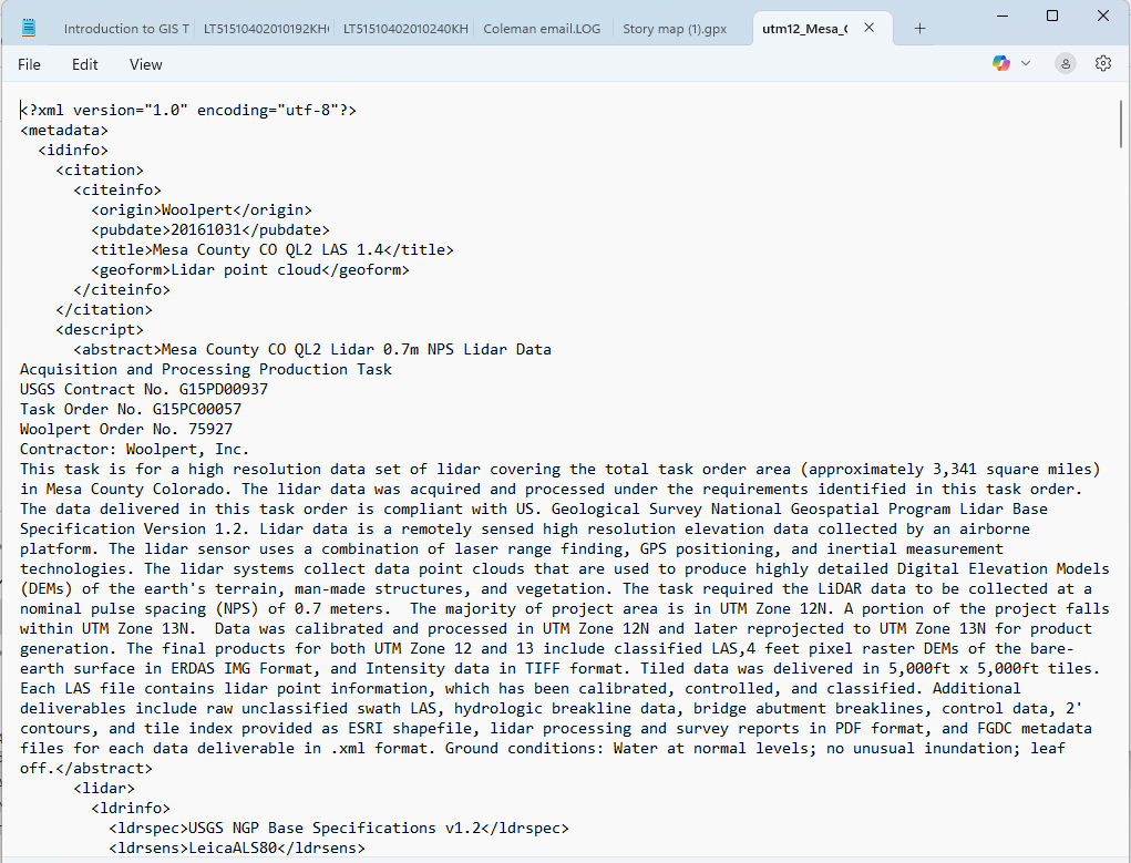 Figure 9.7. Metadata for Mesa County, CO LiDAR viewed in Notepad.