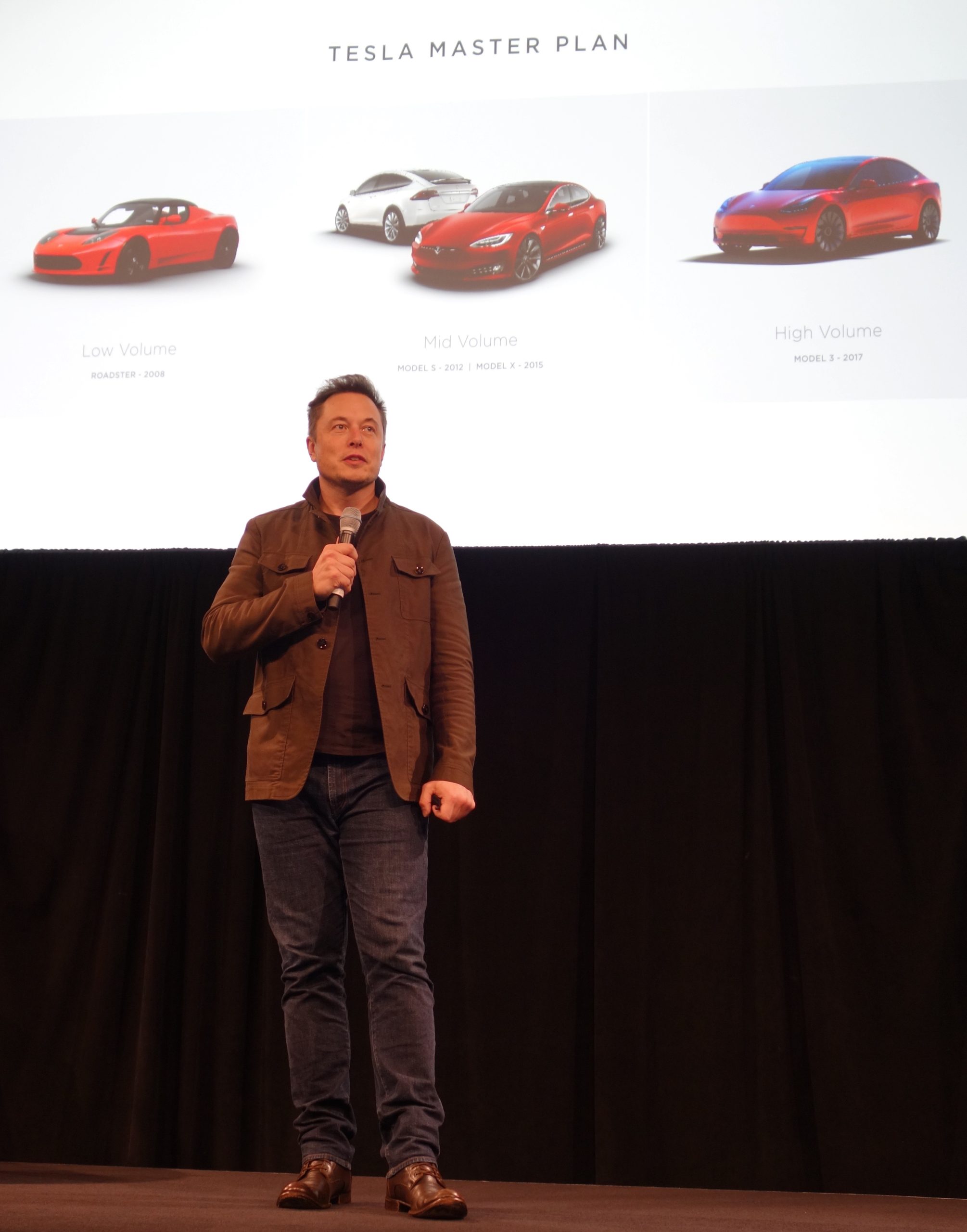 Elon Musk holding a microphone standing on stage. Tesla cars are presented in the background