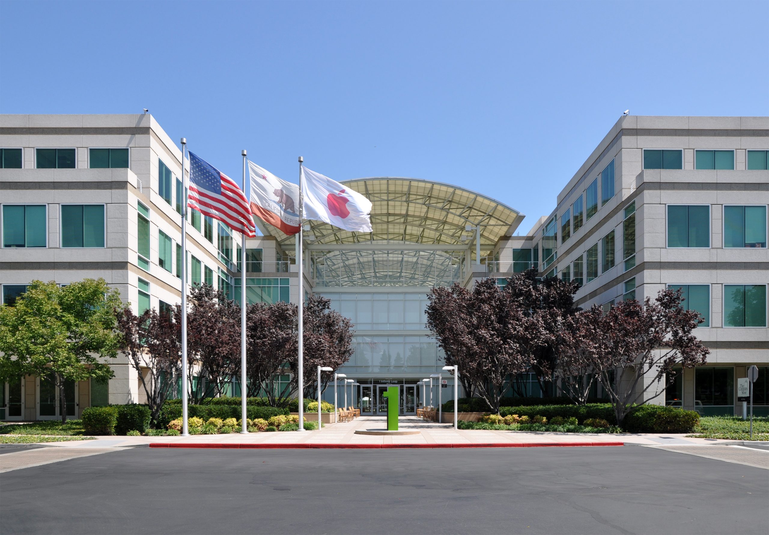 Apple building with flags outside
