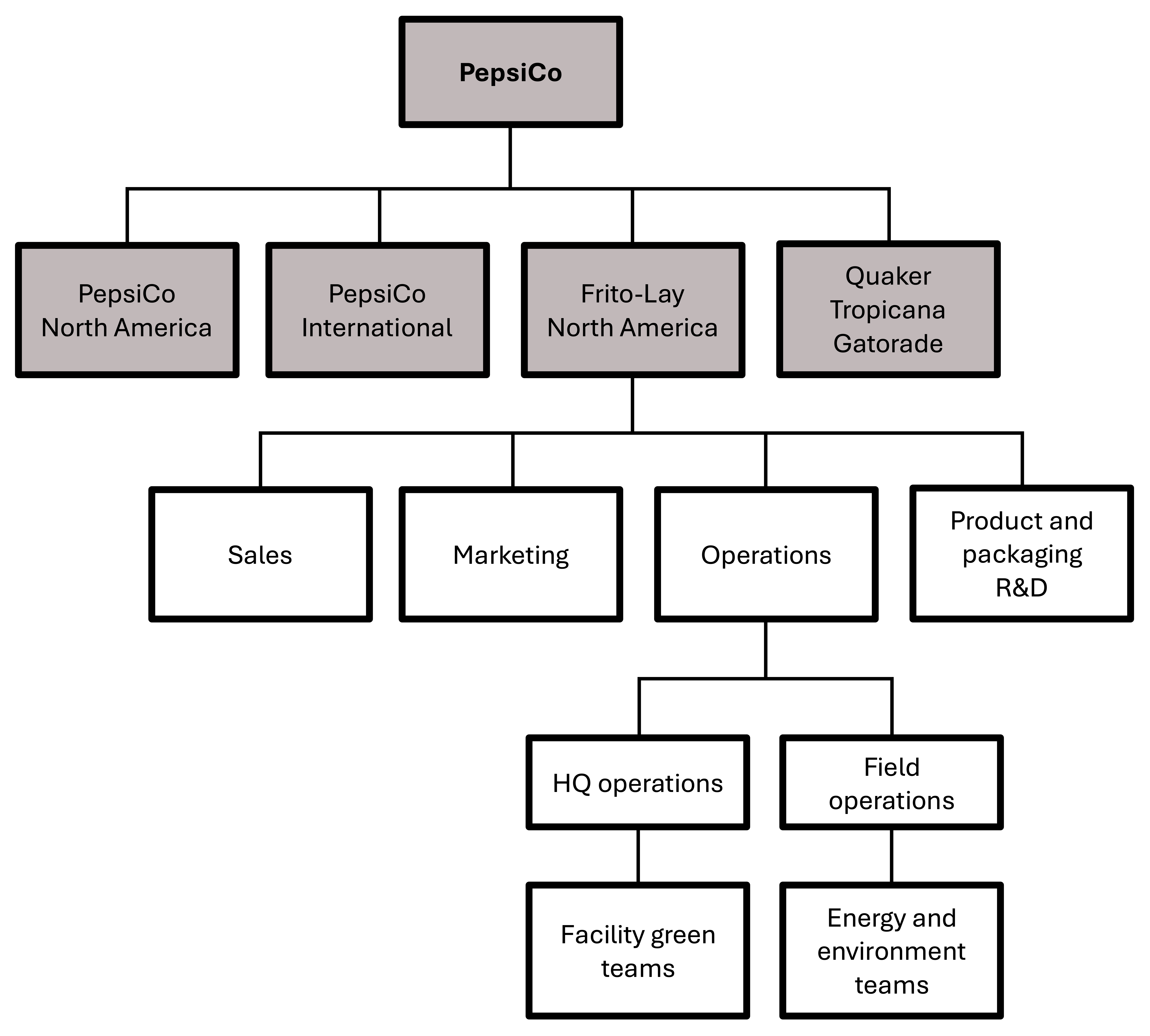 PepsiCo organizational chart showing hierarchy from top-level brands to specific operations