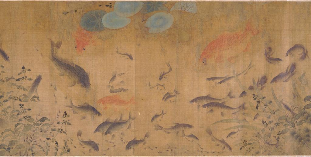 Painting of orange goldfish swimming among other fish in a pond