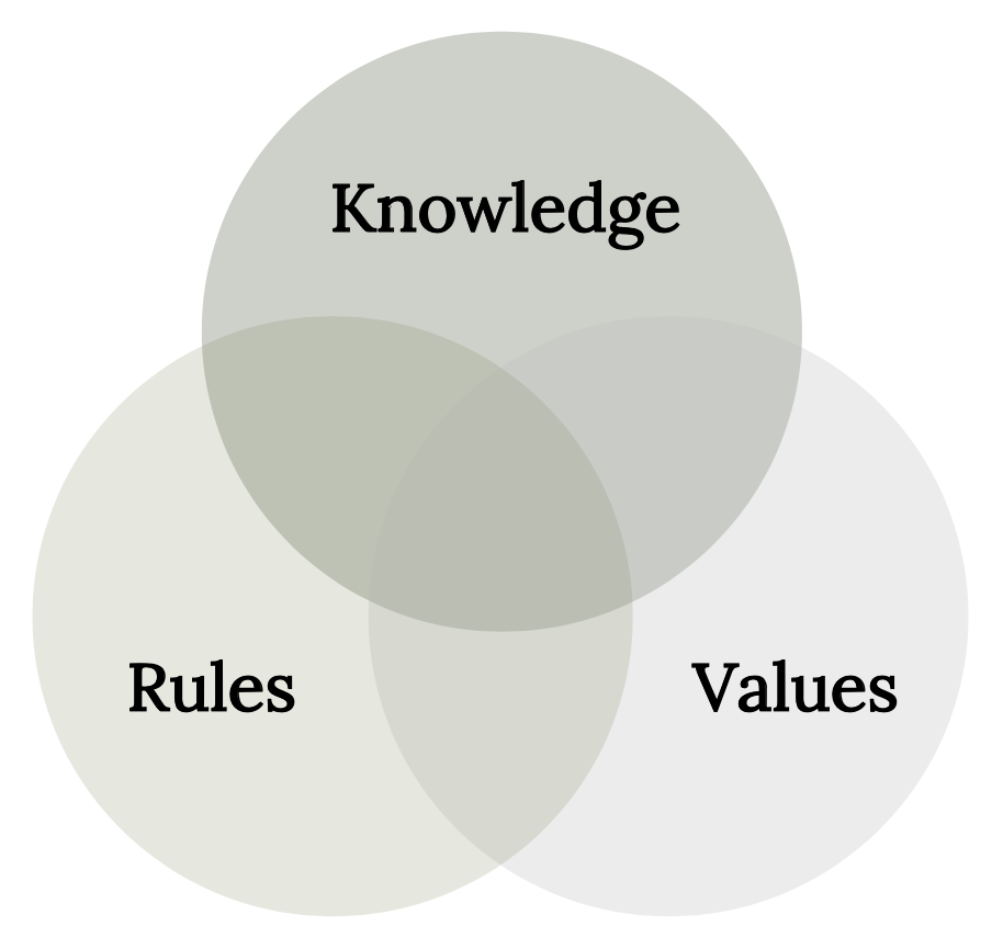 Overlapping circles depict values, rules, and knowledge