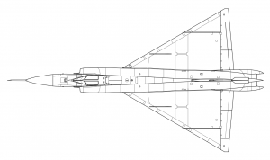 A top view of the F-102 shows the fuselage narrowing at the delta wings widen towards the rear of the aircraft.