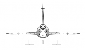 A front view shows the delta wings only slightly narrow from root to tip and appear to be aligned with the center of the fuselage.