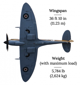 The British Spitfire is shown from underneath with its large elliptical wings and tail shown prominently. The wingspan is listed as 36 feet 10 inches, or 11.23 meters, and the maximum load take off weight is listed as 5784 pounds, or 2624 kilograms.