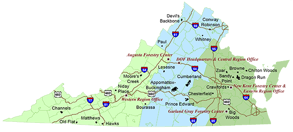 Map of Virginia Forestry Center offices