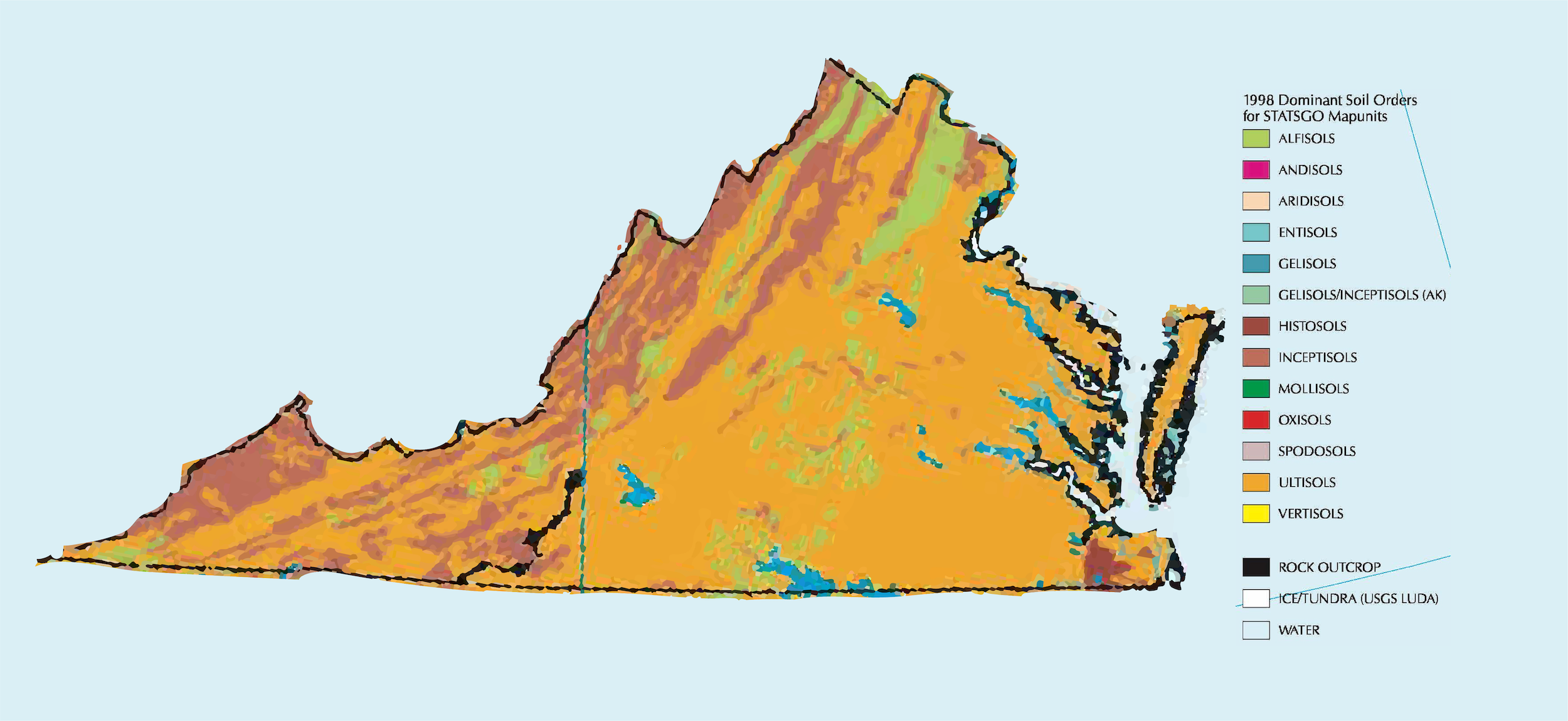 Map showing the dominant soil orders of Virginia, most of the state is utilsol with the mountainous west inceptisols