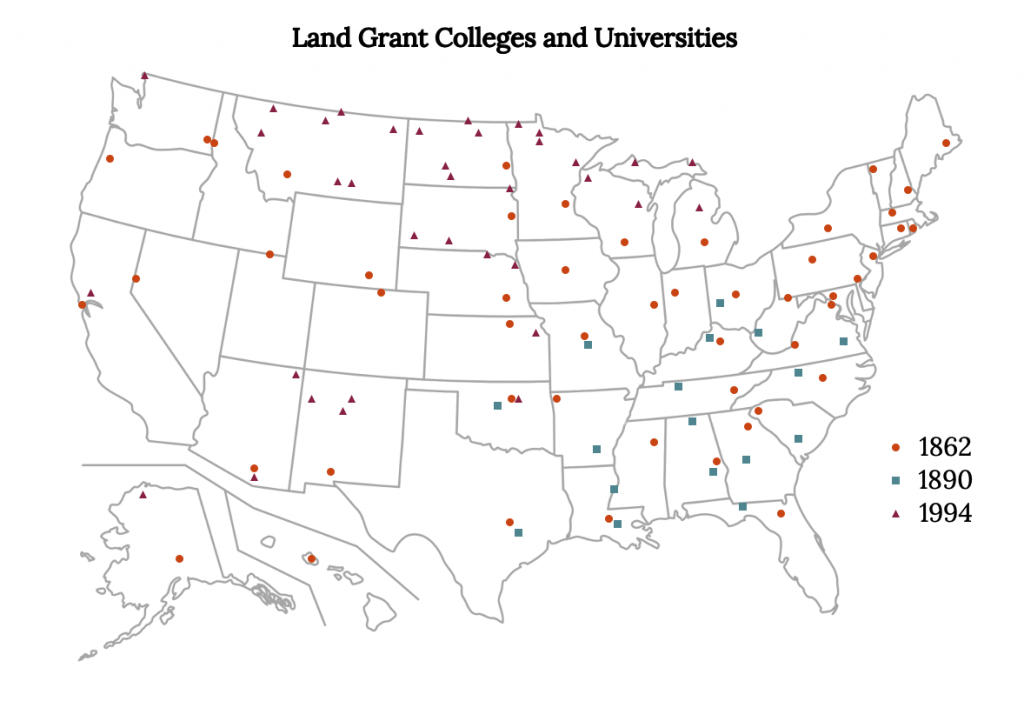 All 50 US states have one land-grant institution which was established in 1862, and many states have additional minority-serving land grants that were founded by the 1890 or 1994 bills. Most southeastern states also have one 1890 land-grant university each (i.e., Virginia, West Virginia, Ohio, Kentucky, Missouri, Oklahoma, and all states directly south of them). Many northern states have one or more 1994 land-grant tribal colleges, as well as California, Arizona, New Mexico, Hawaii, Oklahoma, and Kansas. Hawai'i, most northeastern states, Nevada, Oregon, Idaho, Utah, Wyoming, Colorado, Illinois, and Indiana only have 1862 land grants. Montana has the most land grants at a total of 8.