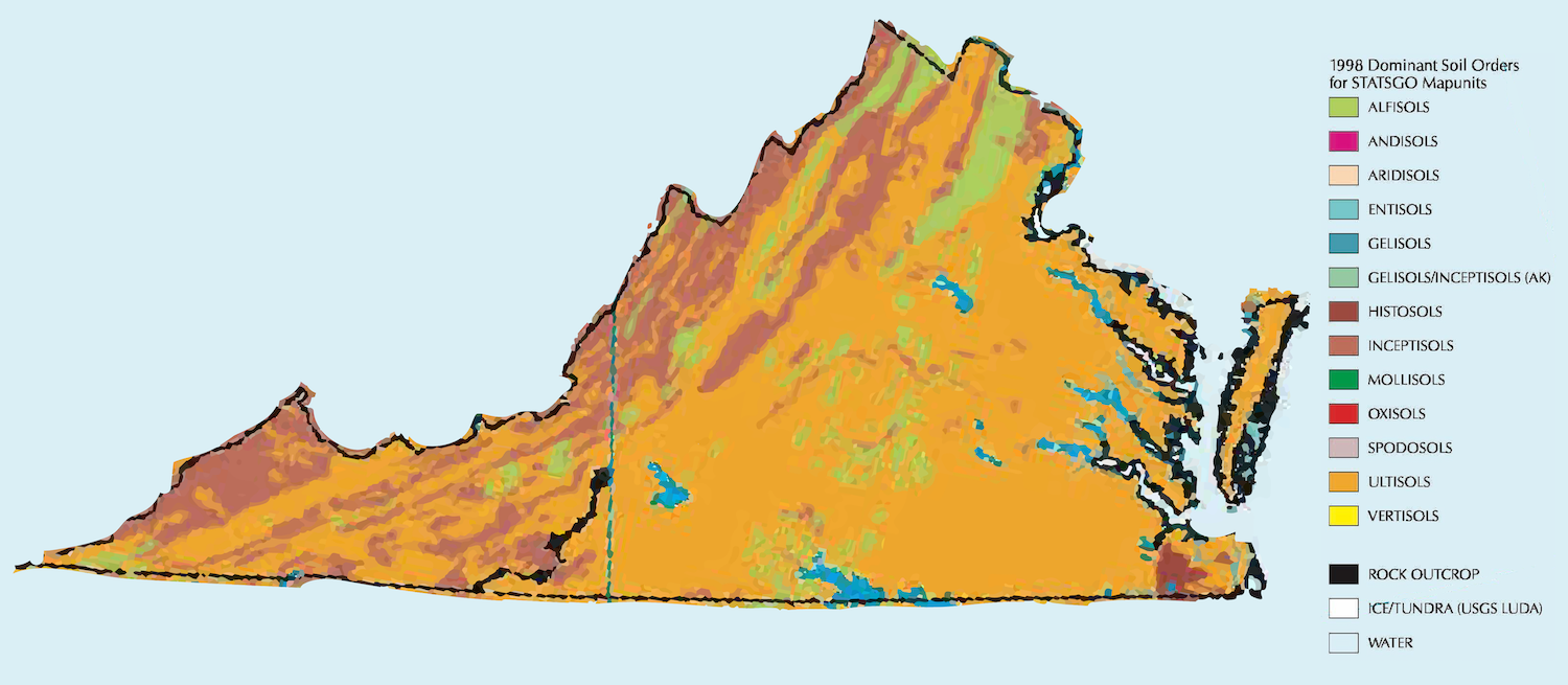 A map of virginia showing the dominant soil orders. The eastern part of the state contains mostly Inceptisols. As you move east it becomes less with intermittent alfisols present until it is only ultisols.