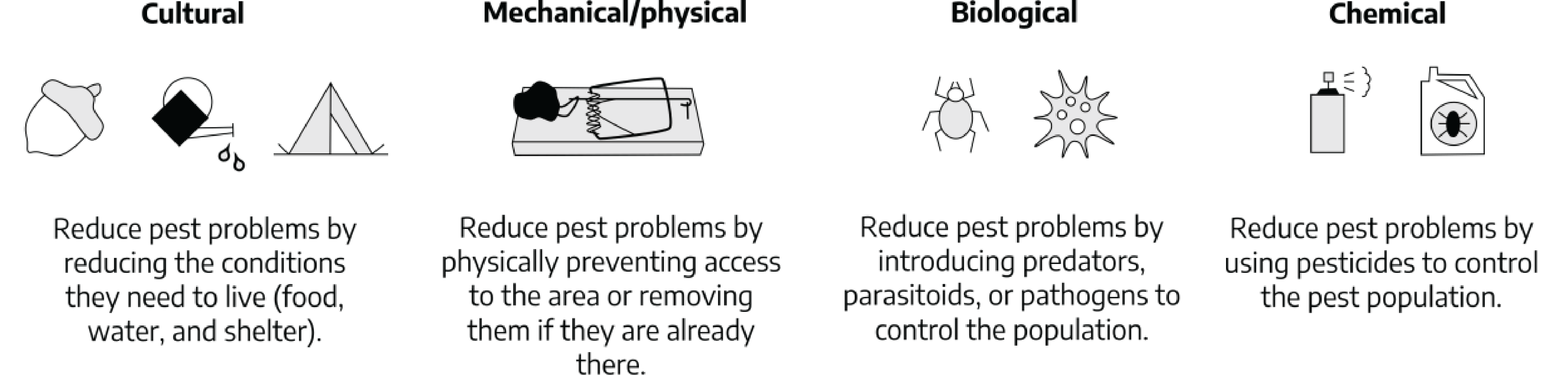 Four cartoon drawings. First is labeled "Cultural"; cartoon drawing of an acorn, a black watering can, and a simple tent. Second is labeled "mechanical/physical"; showing a cartoon mouse trap with bait. Third is labeled "biological"; cartoon drawing of a tick and a spiky ball-like drawing. Fourth is labeled "chemical"; cartoon drawing of an aerosol can and a can with a pest label.