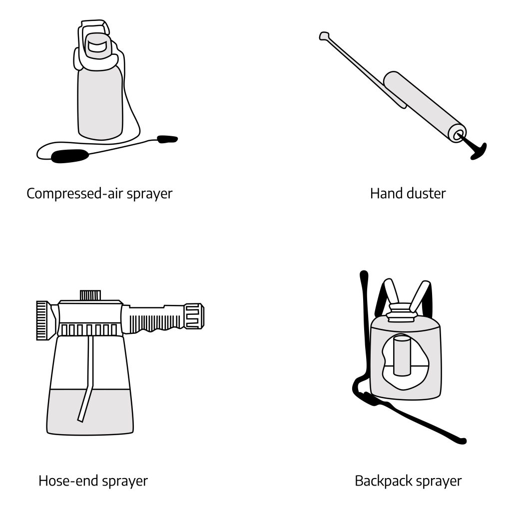 Four drawings. First is a compressed-air sprayer; gray canister with white handle and a black sprayer. Second is a hand duster; gray canister, black handle, gray applicator. Third is a hose-end sprayer; a clear bottle half filled with a gray liquid, an attachment on the top with the hose connector on the left and the spray nozzle on the right, a straw extends into the gray liquid from the lid. Fourth is a backpack sprayer; a gray container with a compressor inside the container, white straps, black pump handle, black applicator.