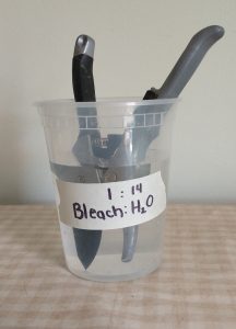 A pair of grey pruners sits blade-side down in a clear container filled with liquid. Label on front reads 1:14 bleach:H2O.