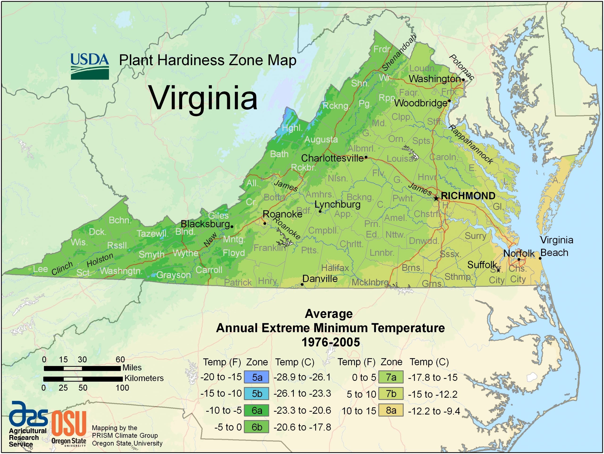 A map of Virginia with surrounding states outlined but not shaded. The western part of Virginia is colored kelly green (indicating zone 6a) with splotches of lighter green (6b), moving into even lighter green (7a) in central Virginia and yellow-green (7b) in south-central and east of Richmond. The coast and Eastern Shore are yellow (8a).