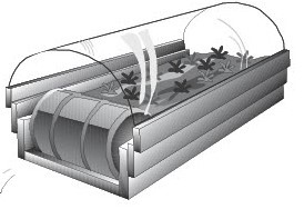 Drawing of a long rectangular structure with cylindrical barrel-like items on each short end. Entire structure has clear material bent over the top as a rounded roof.