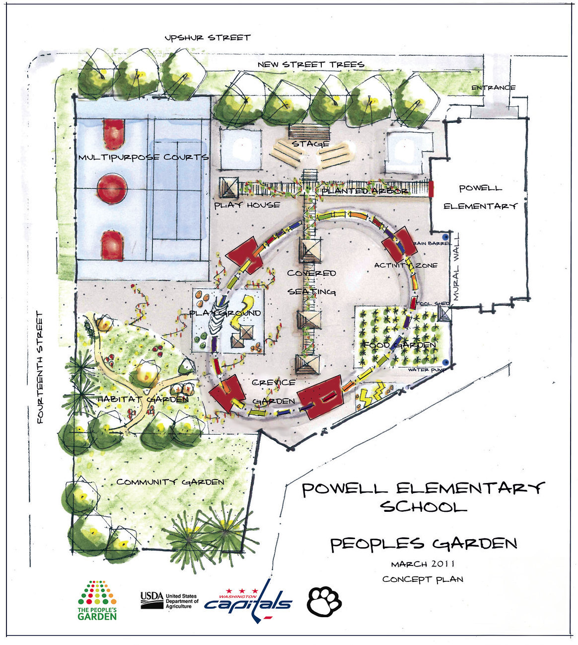 A watercolor painting plan of a garden. Labeled "powell elementary school peoples garden, march 2011, concept plan." Within this diagram is a community garden with plants on the lower left side, this goes into a habitat garden with specific plants, this leads into a playground, crevice garden, covered seating, activity zone, and good garden on the right side. The powell elementary building in on the far right side. The multiple purpose courts are in the upper left side; next to this on the right side is a play house, stage, and planted arbor. The top of the diagram is many large trees labeled new street trees.