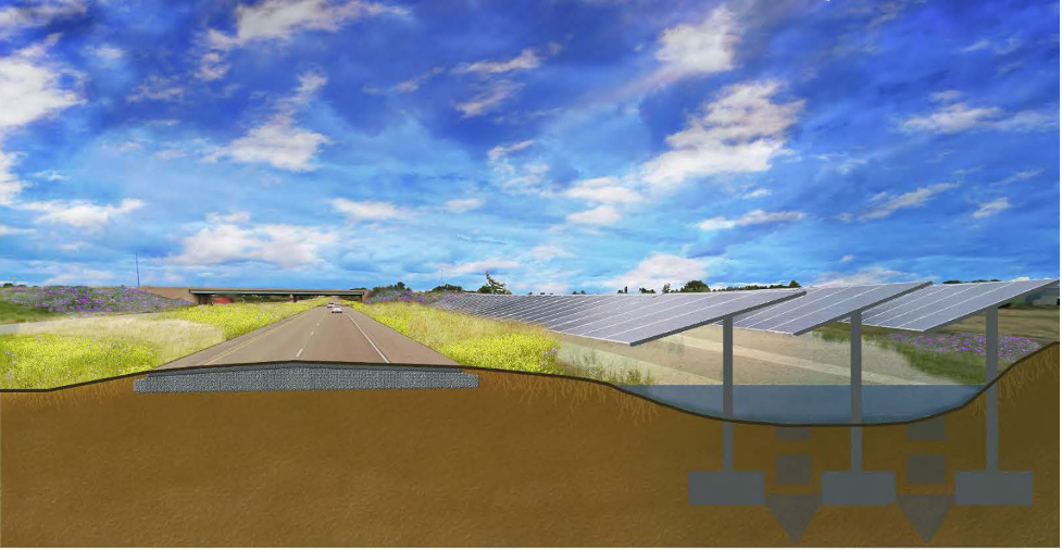 A computer-generated image of a road going straight into the distance with solar panels on the right side lining the road. There is also a water collection placed under the solar panels for drainage.