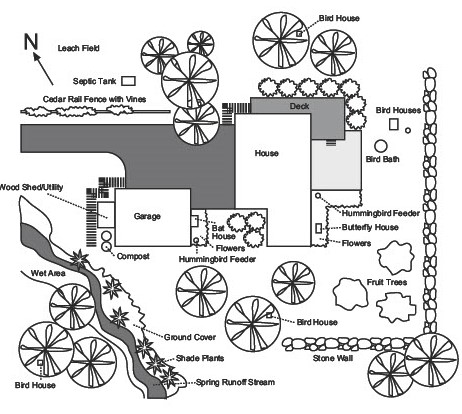 A diagram map. In the lower left corner is a birdhouse, wet area, spring runoff stream, shade plants, ground cover. The lower right corner contains stone wall, birdhouse, fruit trees. The upper right corner and towards the center contains leach field, septic tank, cedar rail fence with vines, wood shed utility, garage, compost, hummingbird feeder, flowers, bat house. From the upper right corner into the center is a bird house, bird bath, deck, house, hummingbird feeder, butterfly house, and flowers.