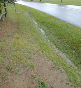 A photograph. A grassy hill next to a road. The hill contains a shallow ditch that allows for directionally water flow.