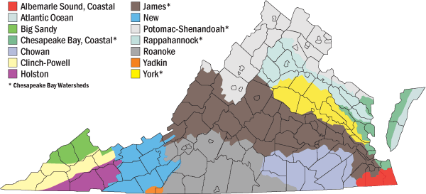 A map of virginia with counties outlined, as well as different colored areas representing watersheds. These include albemarle sound, coastal; Atlantic ocean, big sandy, chesapeake bay, costal (chesapeake bay watersheds); chowan, clinch-powell, holston, james (chesapeake bay watersheds); new, Potomac-shenandoah (chesapeake bay watersheds); rappahannock (chesapeake bay watersheds); roanoke, yadkin, york (chesapeake bay watersheds).