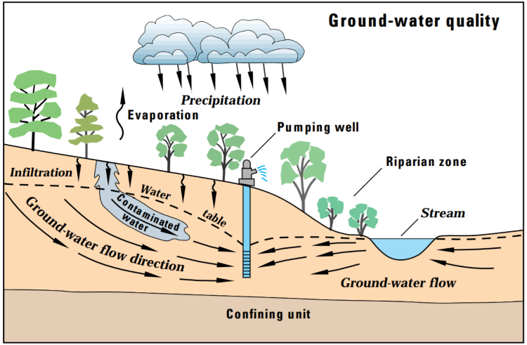 Drawn diagram. A gradual hill goes downwards into flat land. From left to right there is different trees along the hill, with arrows pointing downwards, a pumping well reaching downwards into the ground, more trees marked, riparian zone; then a stream at the bottom. Arrow pointing up from the ground is evaporation. Arrows from left to right going downwards underground show groundwater flow direction. There is a dashed line halfway underground showing infiltration water table. An area of water on the hill is shown going underground marked, contaminated water. Arrows pointing from the stream towards the pumping will show ground-water flow. Below the ground is a darker section marked as confining unit. Above the diagram is clouds marked, precipitation.