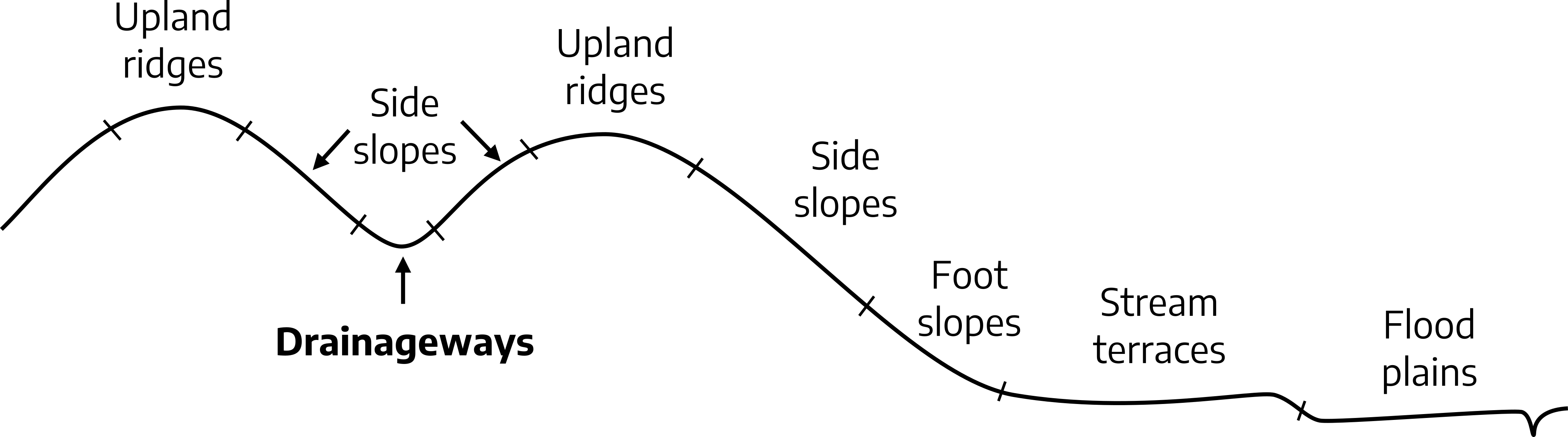 A drainageway diagram of the landscape. The landscape line starts at a higher elevation and gently rises to form a crest, slowly falling away to a mid-level valley before gently rising to a crest; the crest then gently falls until its level for a short distance; the level area then falls sharply for a short distance where it then levels again at a moving body of water. The crests are upland ridges, the slopes are side slopes, the bottom of the slope is the foot slopes, the level area at the base of the hill is the stream terrace, the last level area following the sharp drop is the flood plain.