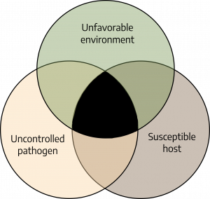 Venn diagram with large center overlap and circles labeled favorable environment, controlled pathogen, non-susceptible host.