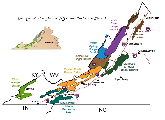 A map of the left side of virginia showing the different national forests. Titled "george washington and jefferson national forests'". There is an inset of the state of virginia showing the location of the forests. The main map shows the clinch ranger district, mount rogers national recreation area, eastern divide ranger district, james river ranger district, warm springs ranger district, glenwood and pedlar ranger districts, warm springs ranger districts, north river ranger district, and lee ranger district.