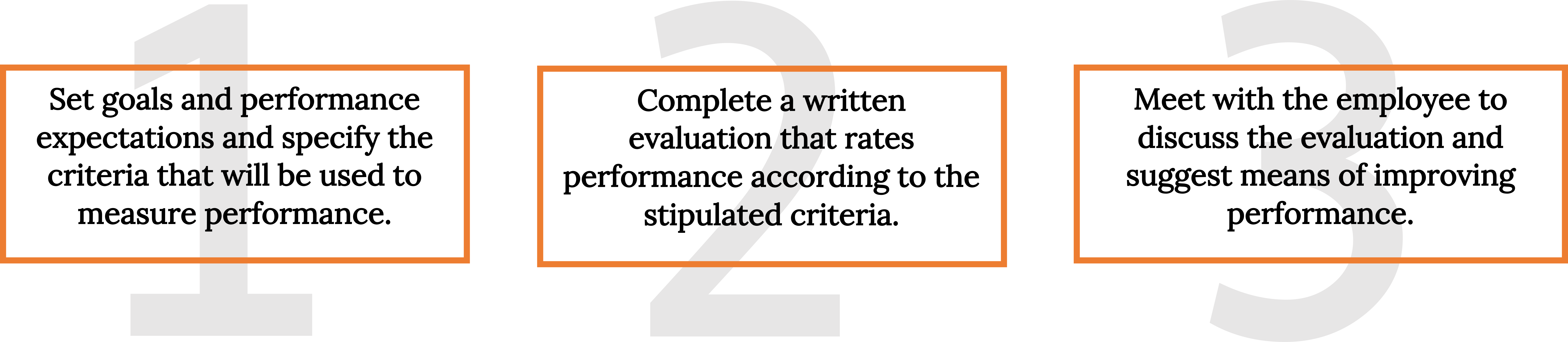 Three textboxes horizontally. From left to right: 1) Set goals and performance expectations and specify the criteria that will be used to measure performance. 2) Complete a written evaluation that rates performance according to the stipulated criteria. 3) Meet with the employee to discuss the evaluation and suggest means of improving performance.