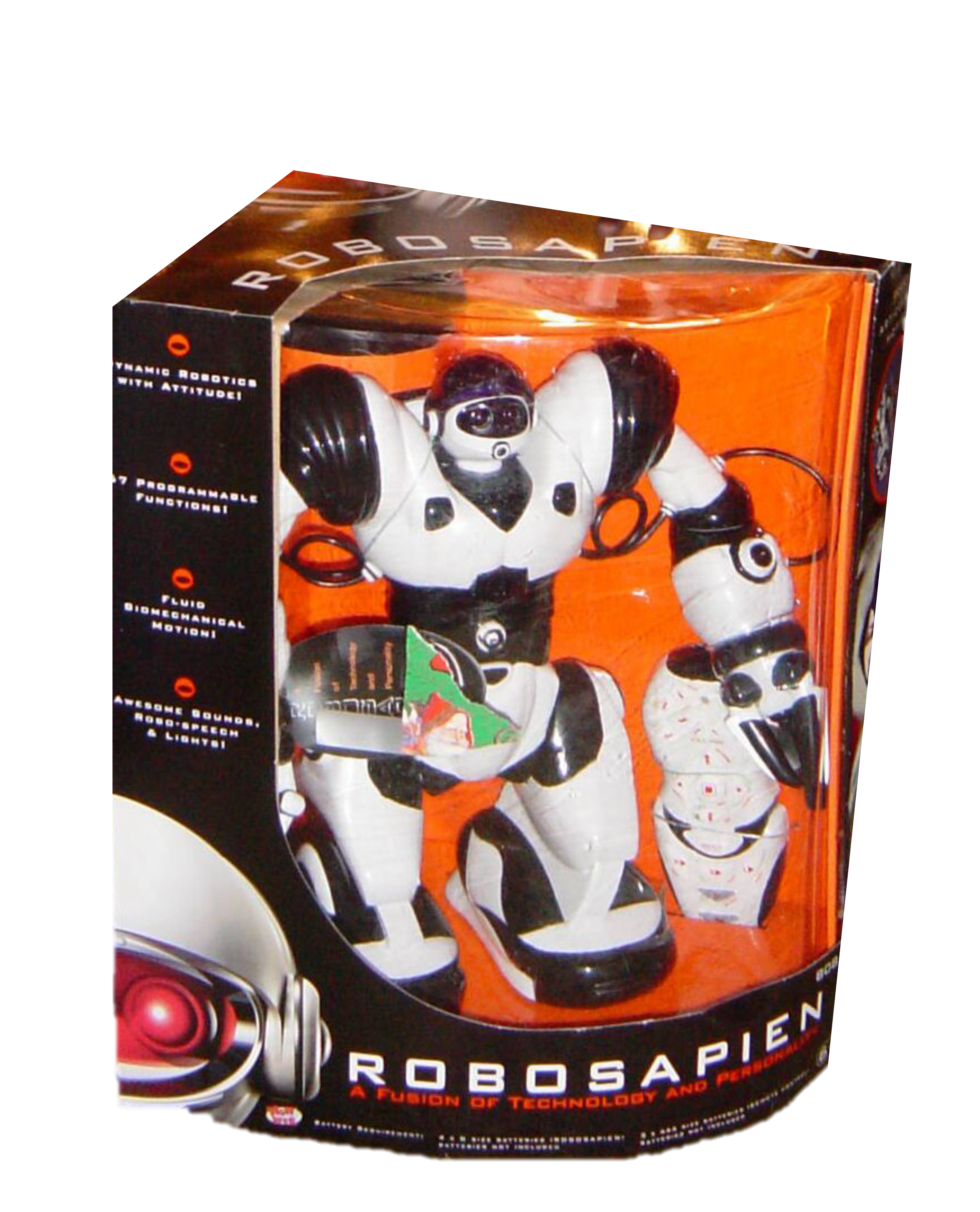 A photograph of a Robosapien, similar to the one pictured in figure 14.1, in its original packaging on a white background. The front of the package says “Robosapien; A Fusion of Technology and Personality.”
