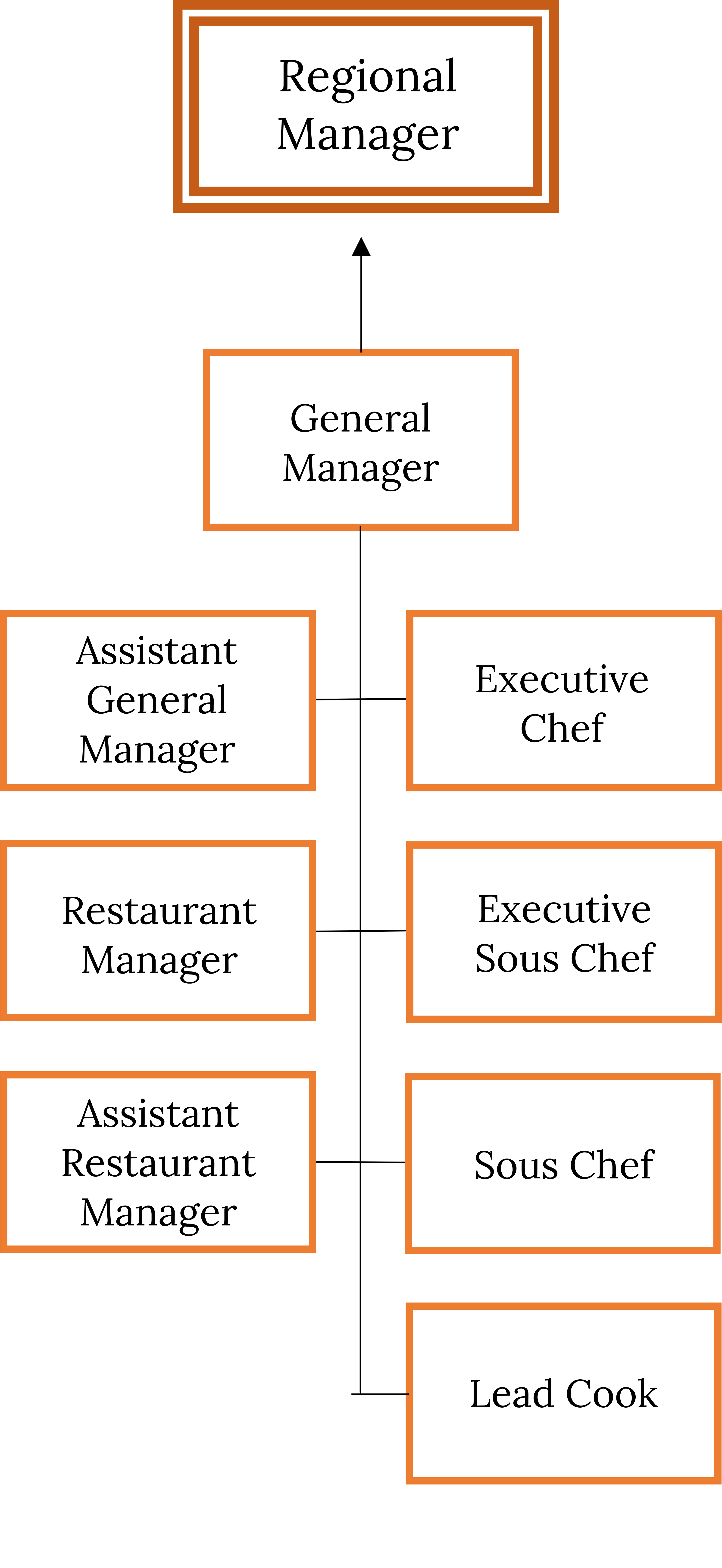 Flow chart. 1st path: lead cook, sous chef, executive sous chef, executive chef, general manager, regional manager. 2nd path: assistant restaurant manager, restaurant manager, assistant general manager, general manager, regional manager.