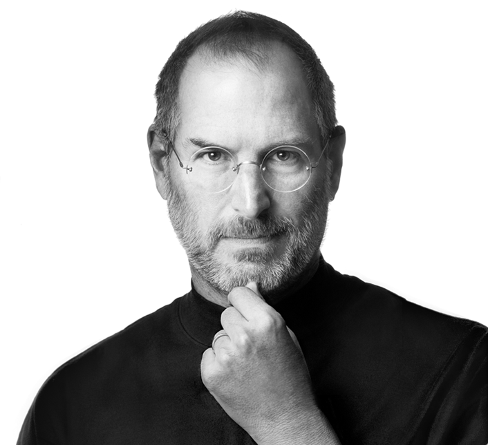 Black and white photo of Steve Jobs wearing characteristic black turtleneck and pinching his chin between forefinger and thumb.