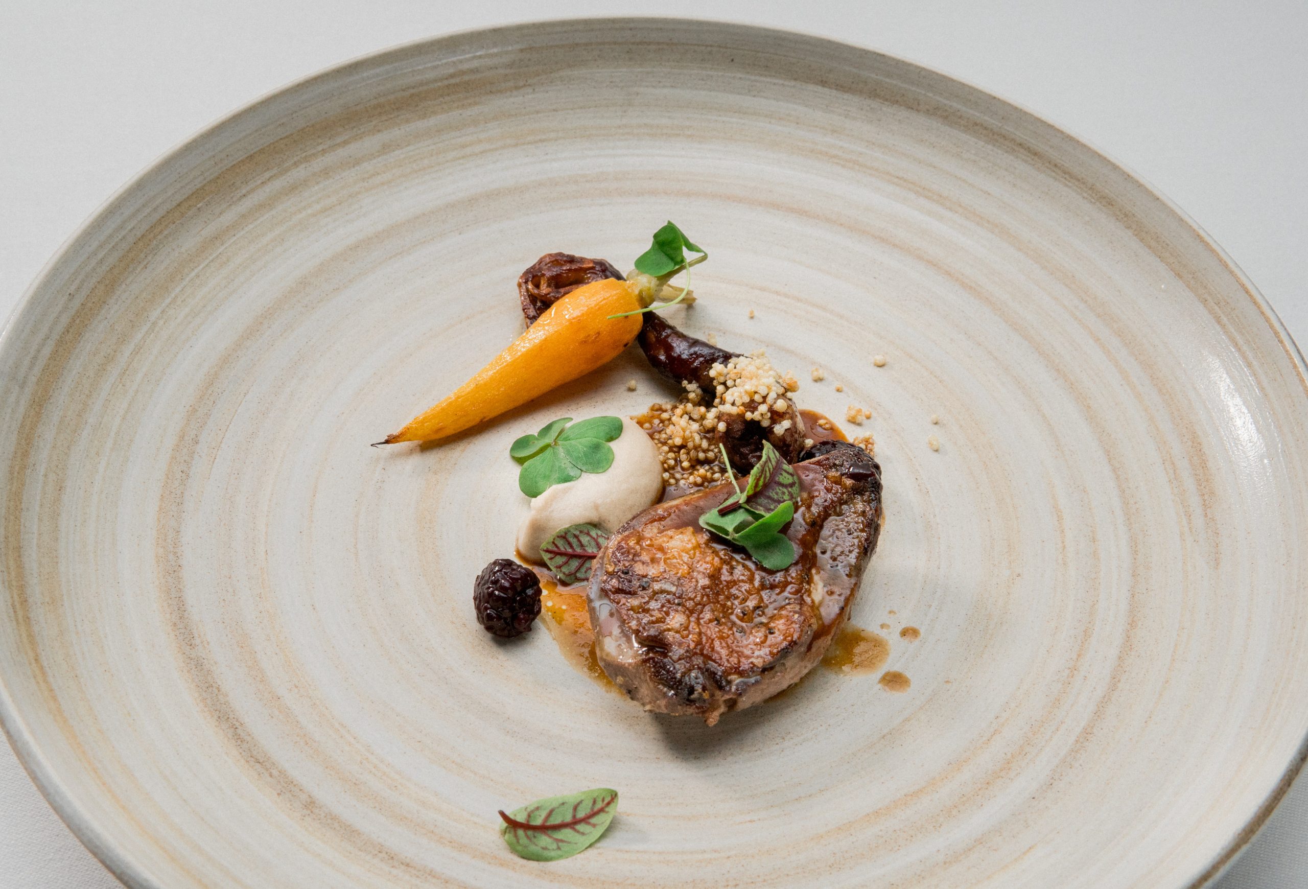 Close up photograph of cooked meat, carrots, and sauces carefully curated and placed on a beige ceramic plate.