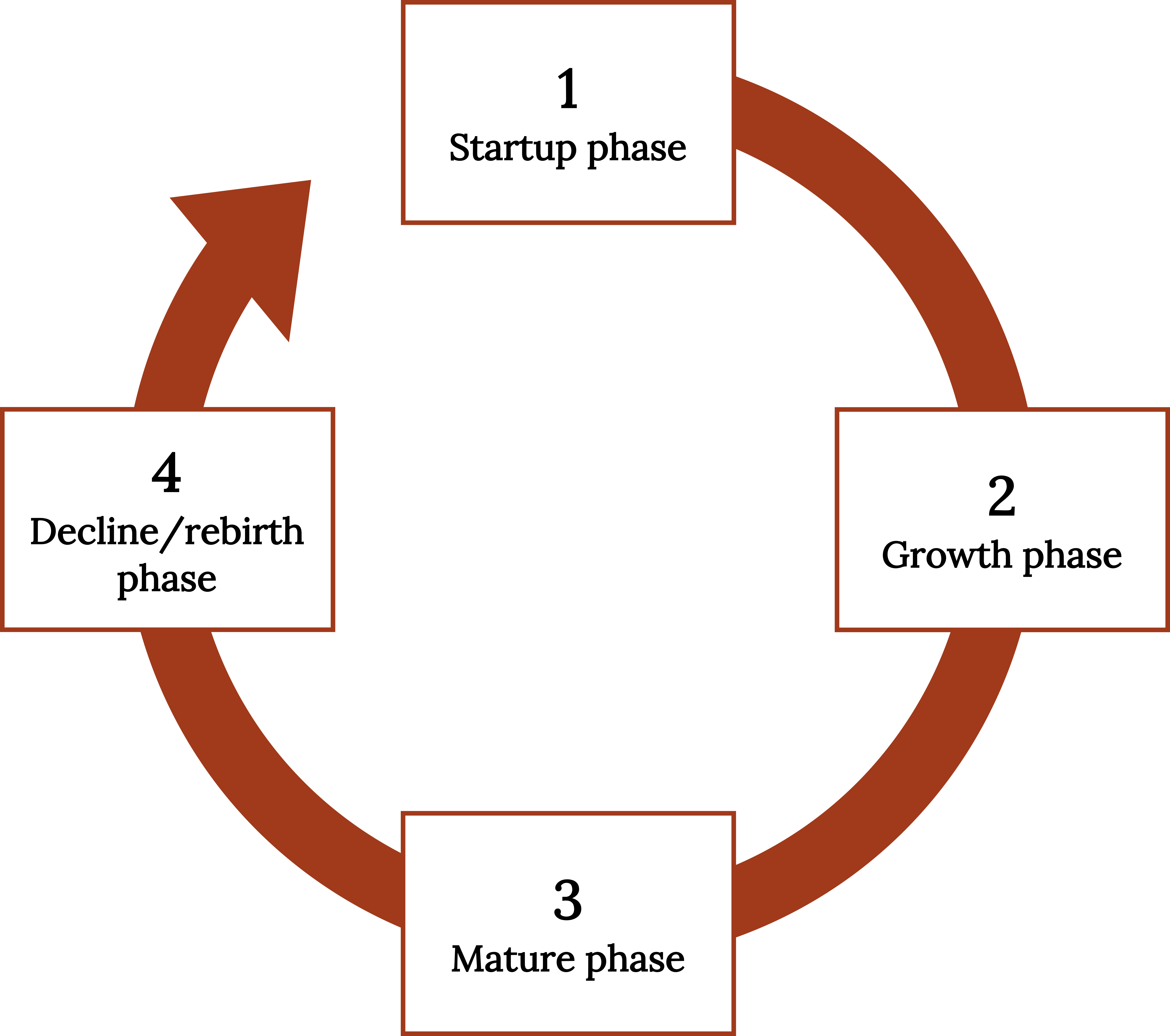 Clockwise circular arrow with 4 phases laid on top. Phase 1: startup. Phase 2: growth. Phase 3: mature. Phase 4: Decline/rebirth.