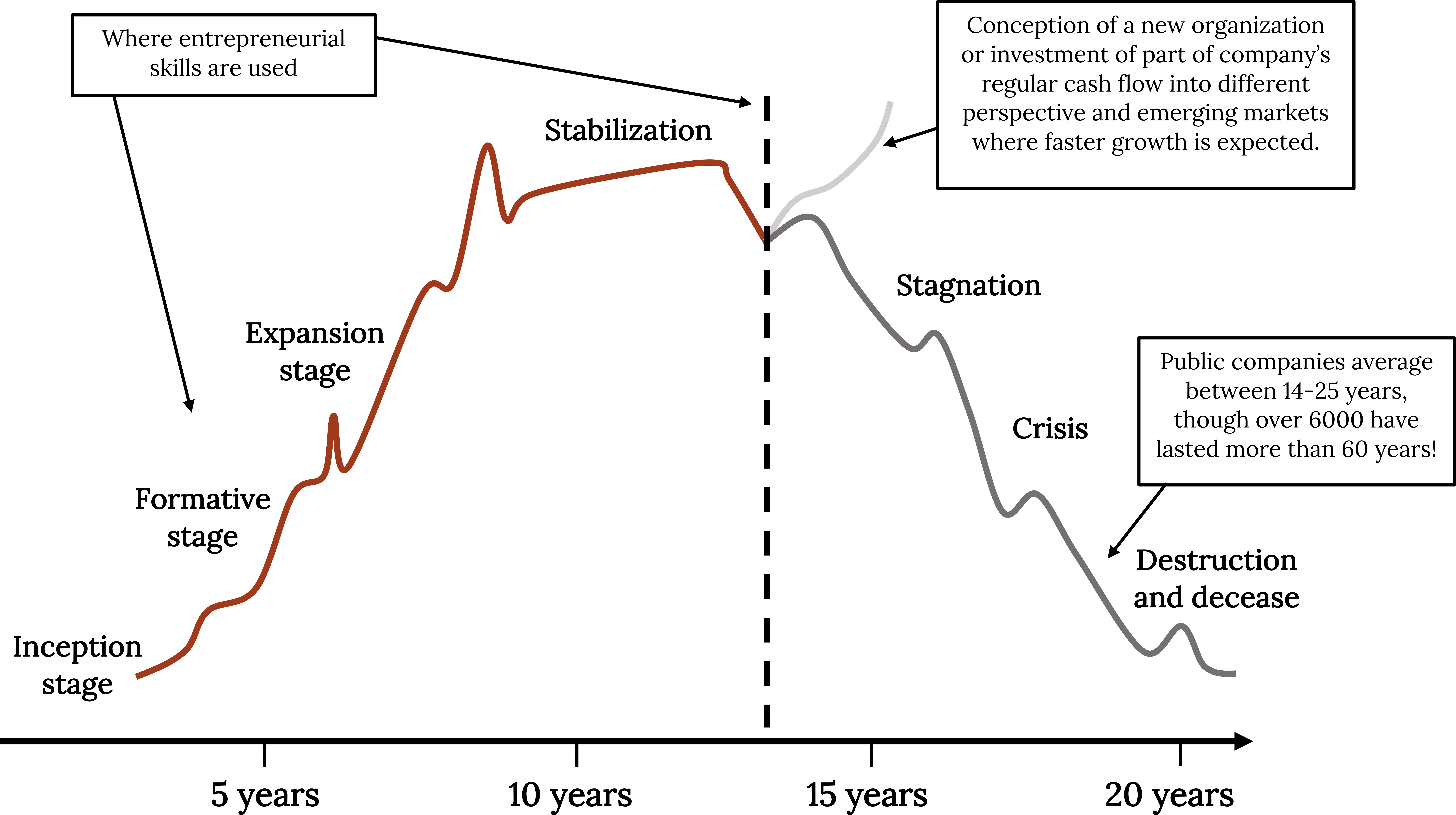 General timeline over 20 years with a line with some dips that mostly follows a bell curve, peaking around 14 years. Stages before peak: inception, formative, expansion, and stabilization. Stages after peak: stagnation, crisis, destruction and decease. Text box that points to formative and stabilization reads "Where entrepreneurial skills are used." Text box that points to destruction and decease reads "Public companies average between 14-25 years, though over 6000 have lasted more than 60 years!" There's an alternate line coming from the peak that trends upward with a text box that reads "conception of a new organization or investment of part of company's regualr cash flow into different perspective and emerging markets where faster growth is expected."