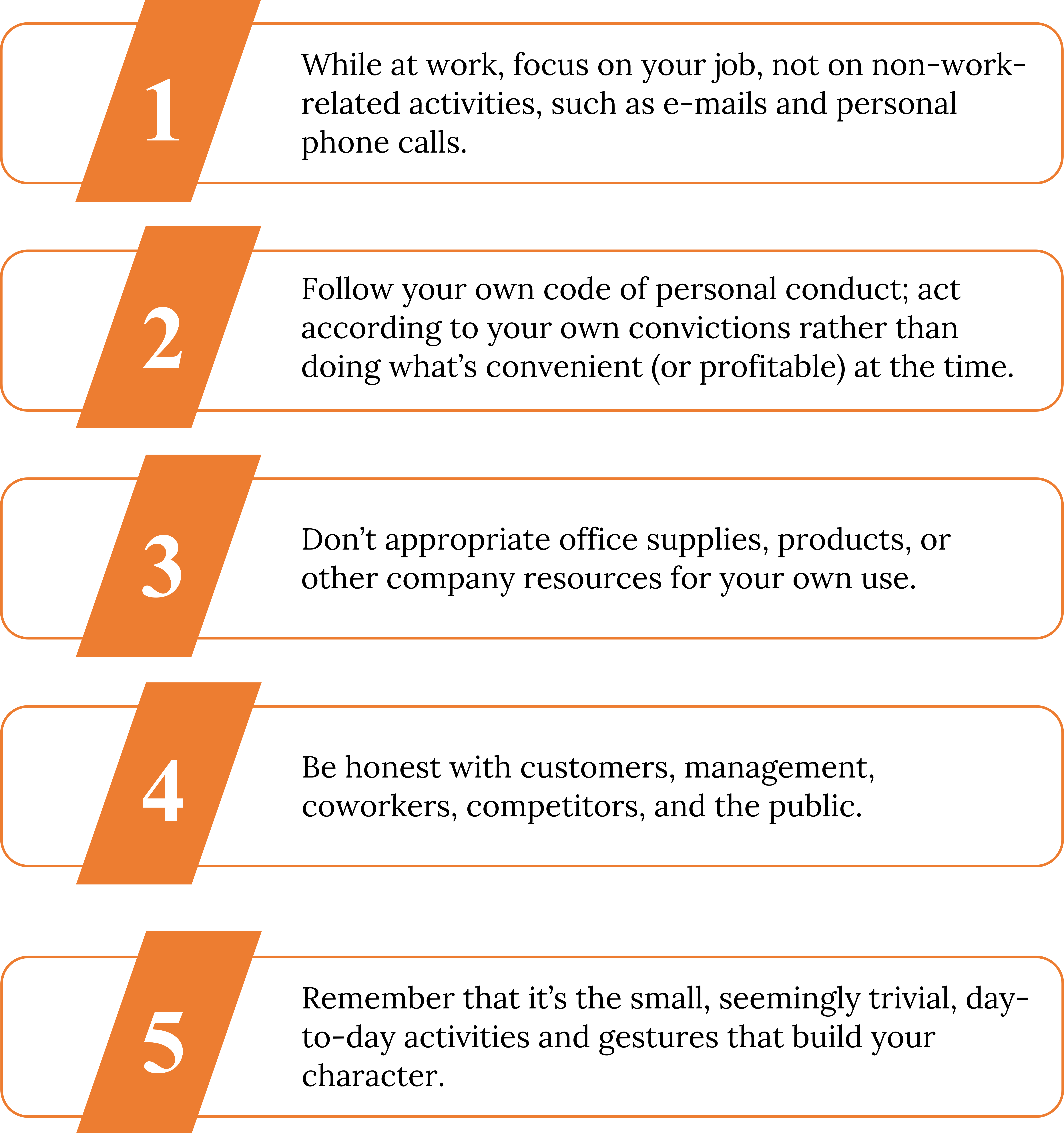Five text boxes are listed vertically. In order from top to bottom they read: “While at work, focus on your job, not on non-work-related activities, such as e-mails and personal phone calls.” “Follow your own code of personal conduct: act according to your own convictions rather than doing what’s convenient (or profitable) at the time.”“Don’t appropriate office supplies or products or other company resources for your own use.” “Be honest with customers, management, coworkers, competitors, and the public.” “Remember that it’s the small, seemingly trivial, day-to-day activities and gestures that build your character.”