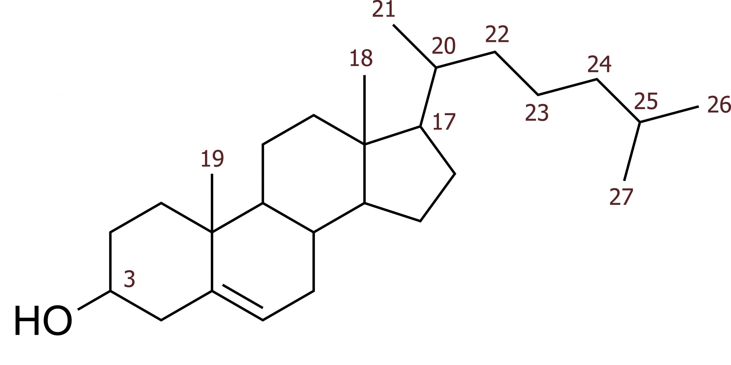 Cholesterol IUPAC: (3S,8S,9S,10R,13R,14S,17R)-10,13-dimethyl-17-[(2R)-6-methylheptan-2-yl]-2,3,4,7,8,9,11,12,14,15,16,17-dodecahydro-1H-cyclopenta[a]phenanthren-3-ol