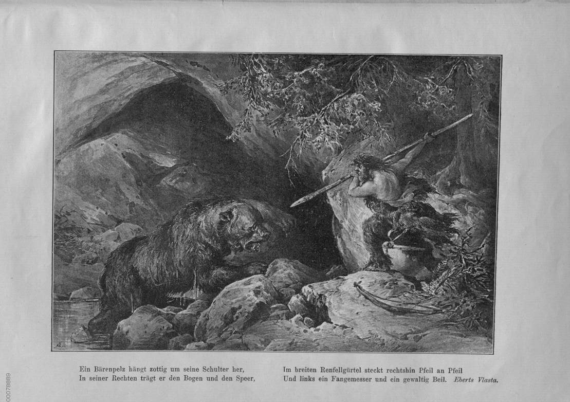 A man attempting to stab a bear with a spear
