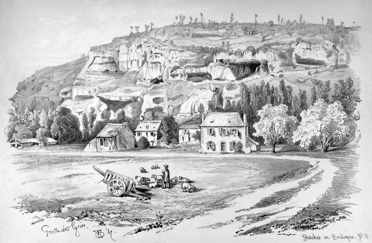 Black and white illustration of village on a hill.
